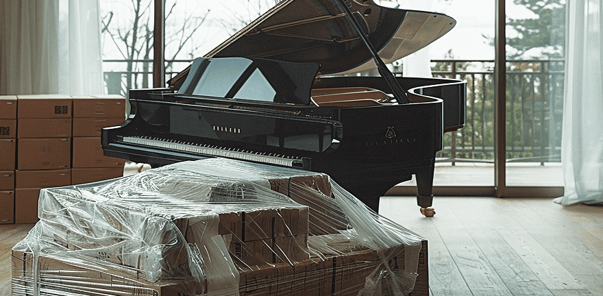 Piano with boxes in front of it